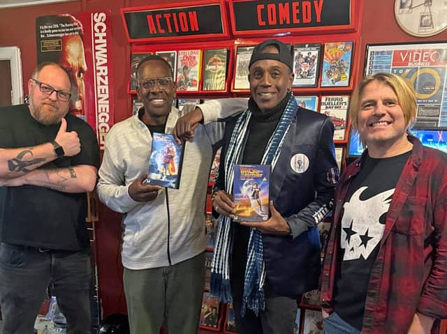 Back To The Future film stars Don Fullilove and Harry Waters Jr with Straight To Video - 80s video store owners Chris Annable, left and Rob Lane, right.