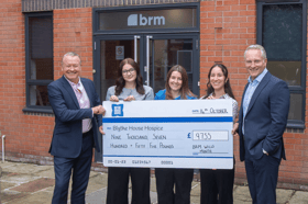Celebrating the success of their recent Wills Month campaign are (from left) Rob Woodhead executive director at BRM, paralegals Grace Blant, Emily Passey, corporate fundraiser at Blythe House Hospice, solicitor Jess Bradfield and executive director Paul Berresford.