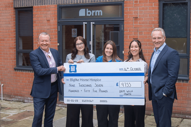 Celebrating the success of their recent Wills Month campaign are (from left) Rob Woodhead executive director at BRM, paralegals Grace Blant, Emily Passey, corporate fundraiser at Blythe House Hospice, solicitor Jess Bradfield and executive director Paul Berresford.
