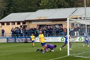 Jed Abbey scores the first goal for Matlock Town against Liversedge
