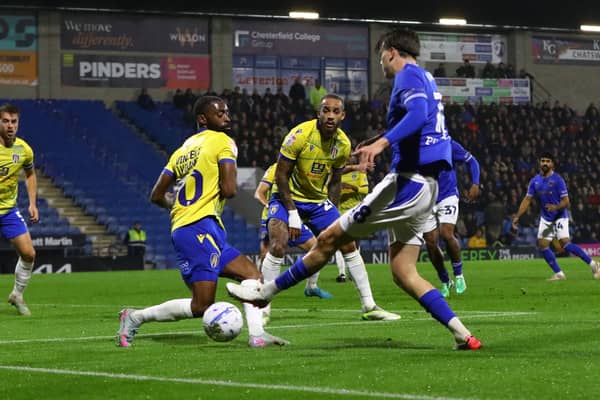 Louie Marsh in the thick of it against Colchester United