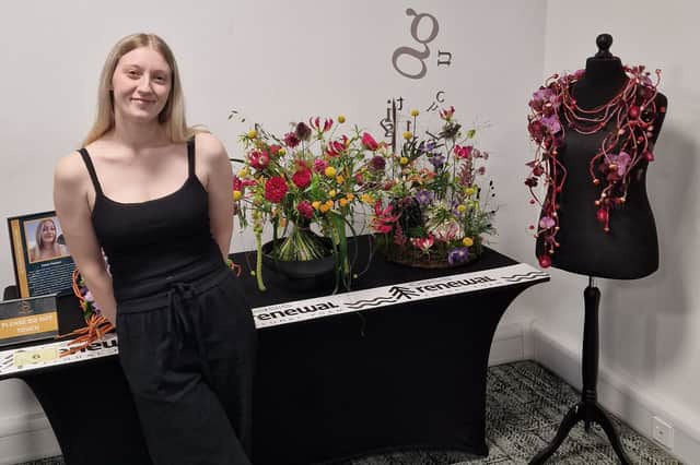 Katie Haslam with her designs for the final of UK Florist of the Year. 