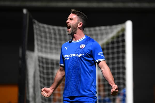 Will Grigg scoring for Chesterfield in 2024 on the way to promotion from the National League