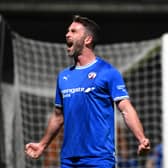 Will Grigg scoring for Chesterfield in 2024 on the way to promotion from the National League