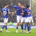 Group celebration after Liam Mandeville makes it 5-0 against Crewe
