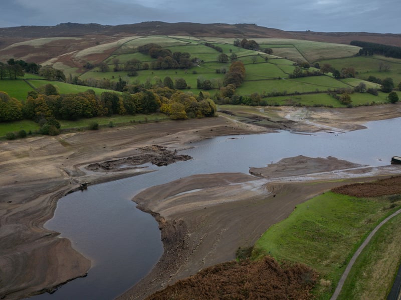 A lost village appears at Ladybower Reservoir, Derbyshire, due to low water levels due to the lack of rain in 2026.