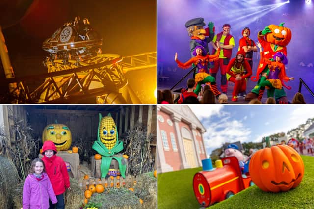 Clockwise from top left, the Storm Chase rollercoaster, the Great Halloween Mystery Show, Peppa Pig World and the Professor Pumpkin and Cornelius Cob, the talking vegetables