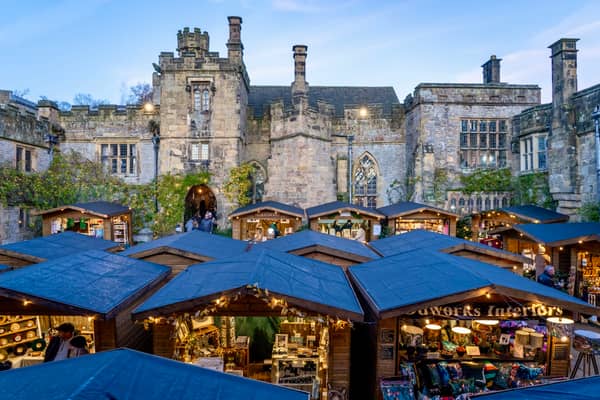 Haddon Hall  provides a splendid backdrop for the outdoor stalls at the annual Mercatum.