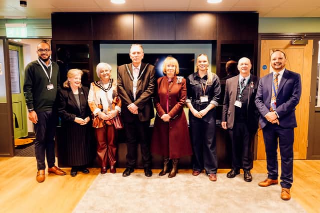 From Right to Left - BDA Vice-Chair Irfan Yusuf, Retired Teacher Wendy Daunt OBE, Consort to Deputy Mayor, Deputy Mayor Phil Ingall, Lord Lieutenant Elizabeth Fothergill CBE, Gladiator and Deaf Role Model Jodie Ounsley, Deputy Leader DCC Paul Hexelgrave and RSDD headteacher Paul Burrows