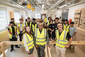 Catherine Atkinson MP, Baggy Shanker MP, Tom Arey Managing Director PfP Thrive alongside pupils at the first Trade Taster Day.