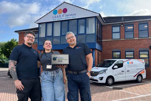 Jamie Quinn, IT Field Technician; Keara Potter, Casual Field Technician and Joe Galiszewski, IT Field Technician with L.E.A.D. IT Services’ Cyber Essentials Plus certification outside L.E.A.D. IT Services’ offices in Pride Park.