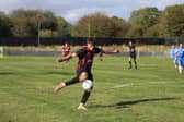 Lewis Macaskill scoring Shirebrook’s second goal of the game.