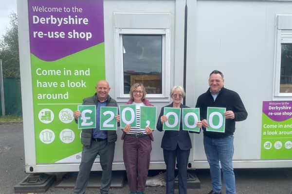 Councillor Carol Wood, second from right, pictured at the Bolsover Household Waste Recycling Centre Re-use Shop with, from left, HW Martin’s contract manager Craig Capper, Kim Gosling from Derbyshire Voluntary Action, and Karl Brough, 