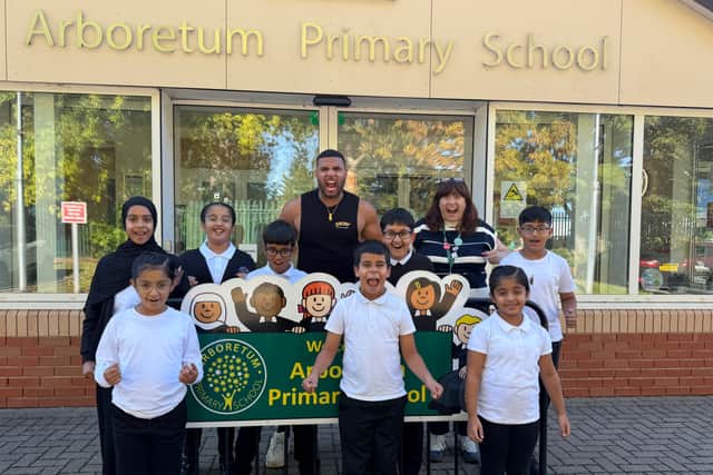 Students from Arboretum Primary School had a visit from BBC Gladiators star Steel who talked to them about the importance of living a healthy and happy life