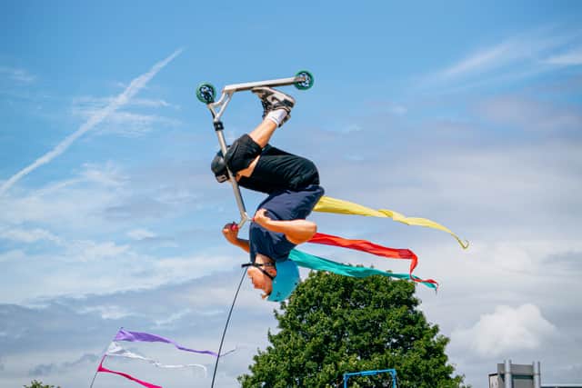 A death-defying stunt during an Extreme Wheels Roadshow
