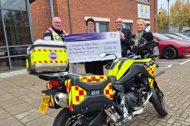Pictured from left to right: Mark Vallis - Derbyshire Blood Bikes Operational Manager, Kirsty Osborn - DHU Director of Urgent and Emergency Care Derbyshire, Stephen Bateman - DHU Chief Executive and Nicky Lloyd - DHU Chief Commercial Officer
