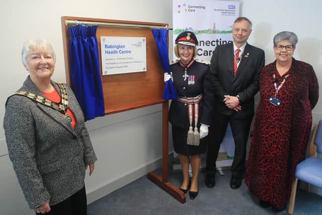 Unveiling the plaque to celebrate the opening of the new Babington Health Centre are (from left): Katie Harris, Mayor of Belper; Elizabeth Fothergill, CBE, Lord-Lieutenant of Derbyshire; chief executive Jim Austin and chair Julie Houlder.