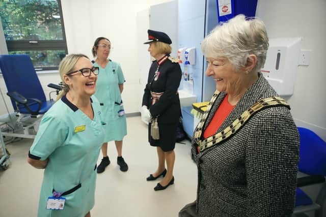 Mayor of Belper Katie Harris (front right) and Elizabeth Fothergill, Lord-Lieutenant of Derbyshire (back, right), chatted to NHS teams based at the new Babington Health Centre during a tour of the new facilities.