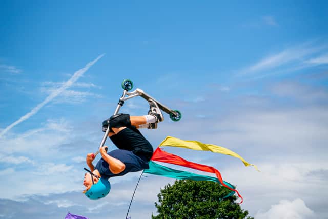 A daredevil taking part in an Extreme Wheels Roadshow during the summer