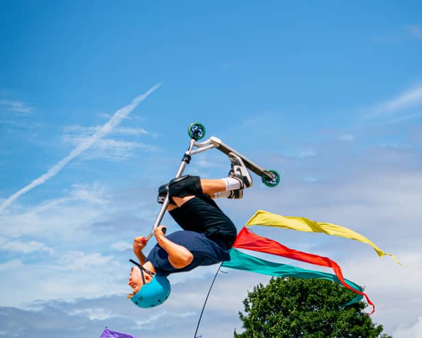 A daredevil taking part in an Extreme Wheels Roadshow during the summer