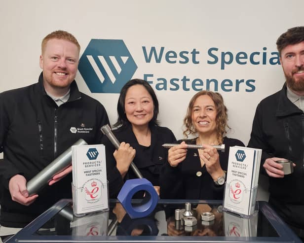 From left, Scott Smith, technical director, Masako Knowles, finance director, Sonja Skelton, managing director and senior technical order processor Tom Devitt, all from West Special Fasteners, with a selection of the firm's products.