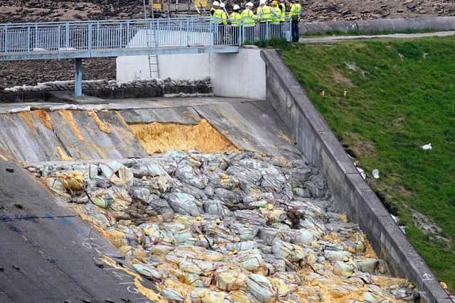 The damaged spillway of the Toddbrook Reservoir dam in Whaley Bridge. The incident earlier this year sparked a major national response. Photo by Christopher Furlong/Getty Images.