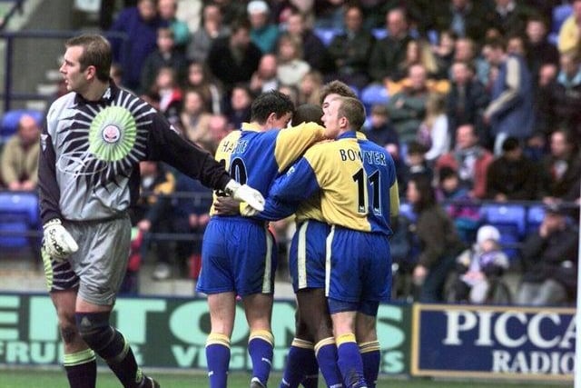 How about this away kit from 1997/98 season? Pictured are Ian Harte and Lee Bowyer hugging Jimmy Hasselbaink after he scored against Bolton Wanderers.