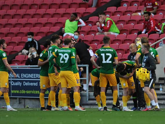 The Preston players during the drinks break at Bristol City