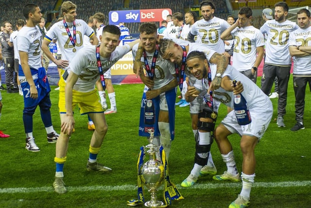 Ben White, pictured with keeper Illan Meslier, midfielder Kalvin Phillips and attacker Tyler Roberts, blocked more shots than any other Leeds player this season (25).