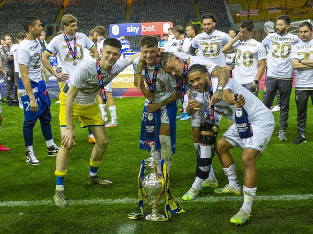 Ben White, pictured with keeper Illan Meslier, midfielder Kalvin Phillips and attacker Tyler Roberts, blocked more shots than any other Leeds player this season (25).
