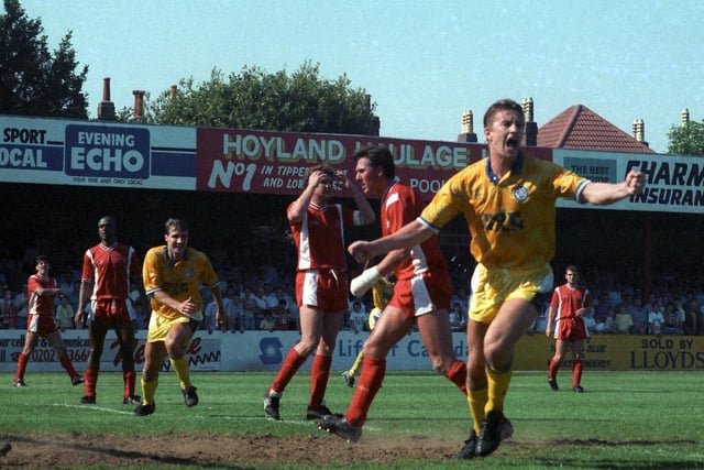 Lee Chapman celebrates scoring the winning goal at Bournemouth in May 1990 which clinched promotion back to the First Division.