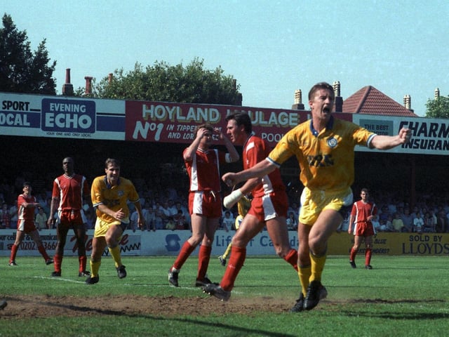 Lee Chapman celebrates scoring the winning goal at Bournemouth in May 1990 which clinched promotion back to the First Division.