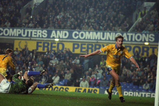Lee Chapman celebrates scoring against Everton in the fourth round of the Rumbelows Cup in December 1991.