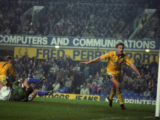 Lee Chapman celebrates scoring against Everton in the fourth round of the Rumbelows Cup in December 1991.