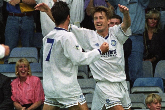 Lee Chapman celebrates scoring against Wimbledon at Elland Road in August 1992. His brace helped beat the Dons 2-1.