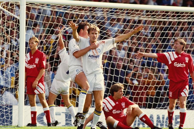 Lee Chapman celebrates his late equaliser during the Premier League clash against Liverpool in August 1992. The game finished 2-2.
