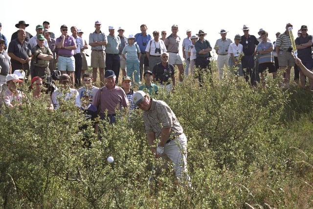 Jack Nicklaus plays form the rough during the Open Championship, 1996.                                      Mandatory Credit: David Rogers/AllsportUK
