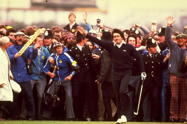Seve Ballesteros of Spain acknowledges the crowd after holing his putt on the 18th green to win the Open, 1979