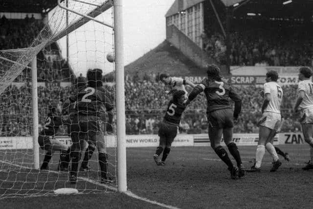 Brendan Ormsby gets in a header against QPR in February 1987. His goal proved the difference on the day sparking scenes of pandemonium among the Elland Road faithful.