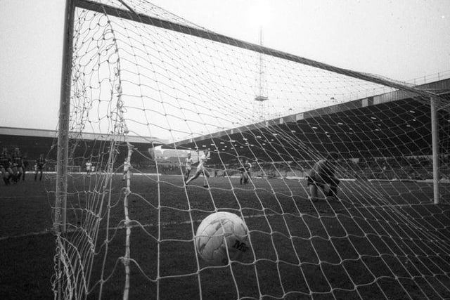 John Sheridan scores from the penalty spot against Grimsby Town at Elland Road in March 1987.