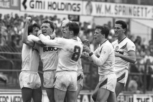 Brendan Ormsby celebrates scoring as the Whites beat West Bromwich Albion 3-2 at Elland Road. It was his fifth goal of the season.