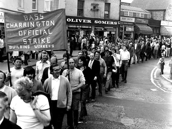 Wigan's tradesmen and building workers take to the streets to rally support for their strike action in 1972