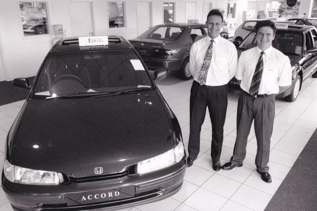 Andrew Lloyd (left) sales manager, and Chris Gillott, sales executive, at Leeds South Honda in July 1994.