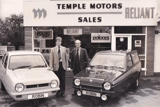 Temple Motors in May 1981. Pictured is Brian Gouldsborough (left) and Alan Jones.