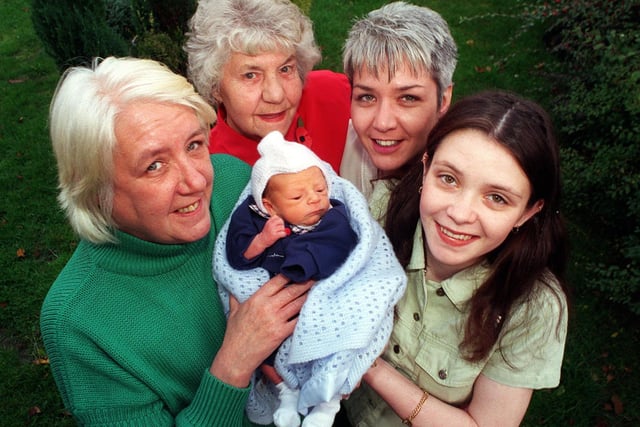 Five generations of one Leeds family From left, great grandmother Judith Costigan, great, great grandmother Joyce Scobie, six-day-old Declan Walker, grandmother Karen Simpson and Declan's mum Joanne Colquhoun.