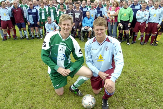 Glen and Mick Salt memorial football match – pictured are team captains Ben (left) and Liam Salt, with their squads.