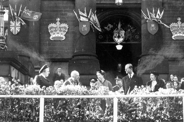 The frontage of Morley Town Hall was decorated a and special platform built in order that the crowds lining Queen Street are able to see the royal couple