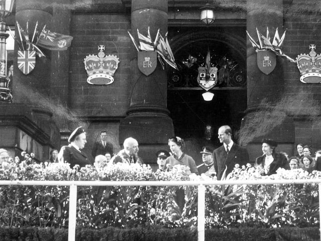 The frontage of Morley Town Hall was decorated a and special platform built in order that the crowds lining Queen Street are able to see the royal couple