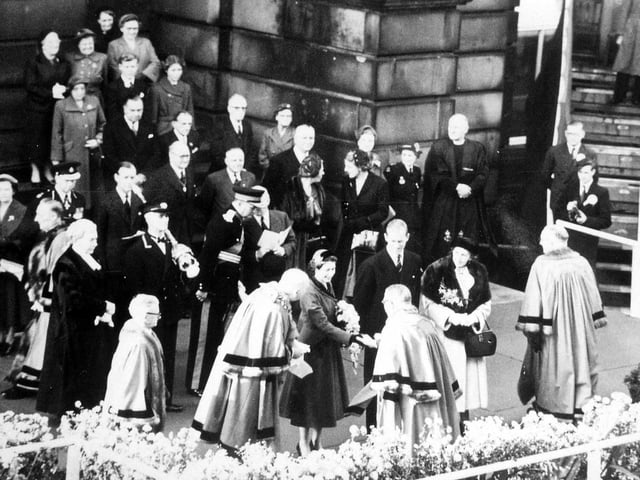 Queen Elizabeth meets civic dignitaries. To the left of the Queen is the Mayor of Morley, Alderman Joseph Rhodes. To the right of the Duke of Edinburgh is the Mayoress, Miss Alice Rhodes, sister of the Mayor.