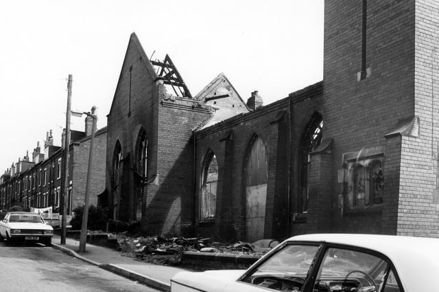 May 1984. The former Ashley Road Methodist Church which had been recently used as a furniture warehouse. The damage is thought to have been caused by a fire and the building had to be demolished.